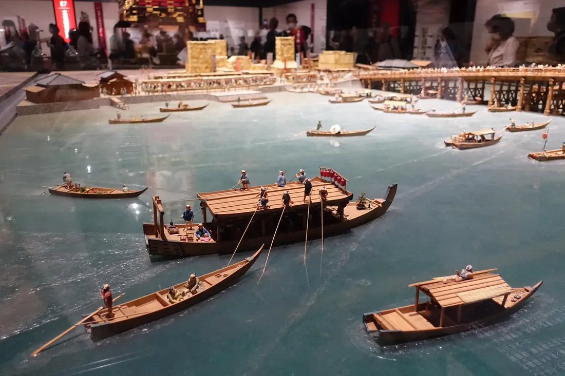 A detailed Edo-period boat and river diorama inside the Edo-Tokyo Museum in Ryogoku