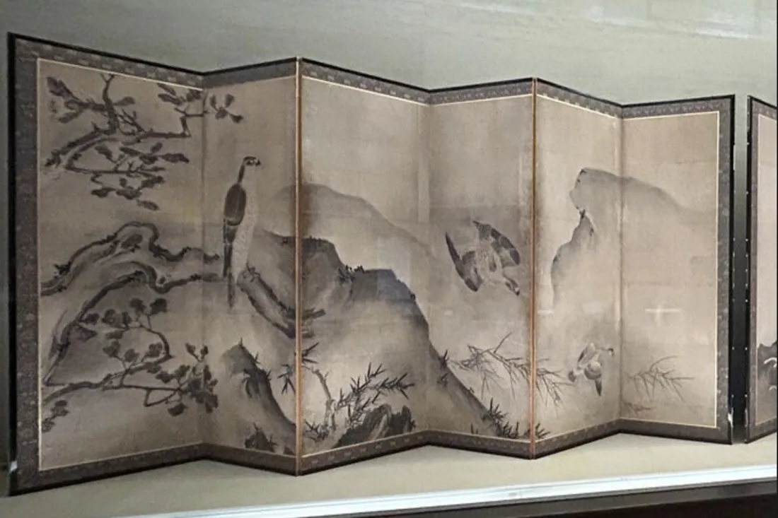 An Edo-period folding screen painting on display during a Tokyo National Museum tour in Ueno Park