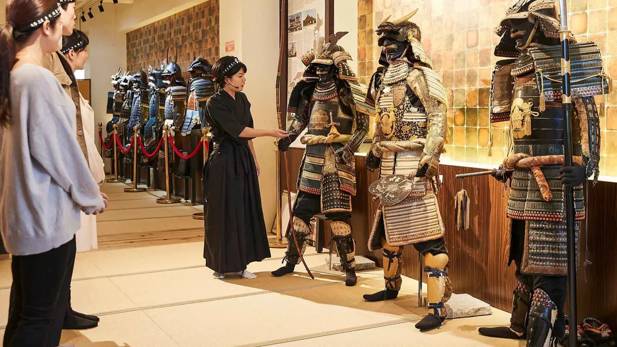 Samurai armor display during a guided tour at the Samurai Ninja Museum, one of the hands-on museums in Tokyo